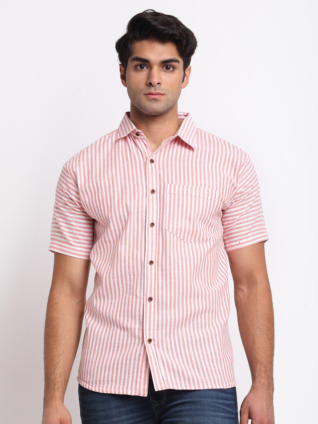 Enchanted Drapes Vertical Stripes Striped Pure Cotton Casual Shirt, Pink