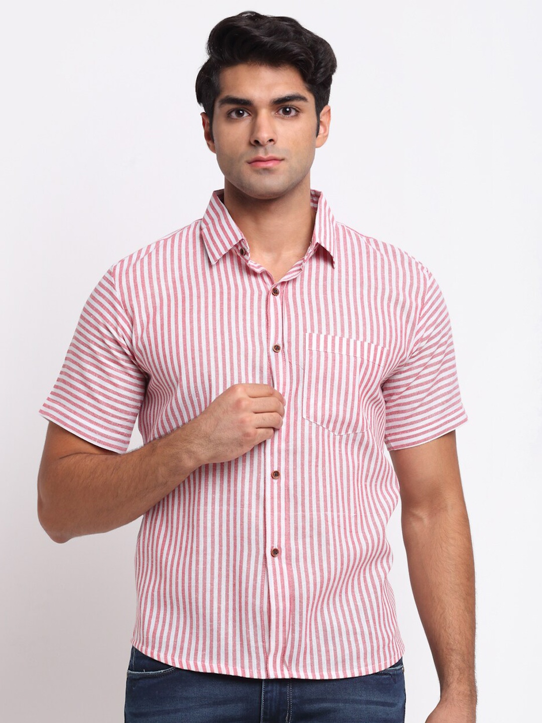 Enchanted Drapes Vertical Stripes Striped Pure Cotton Casual Shirt, Pink