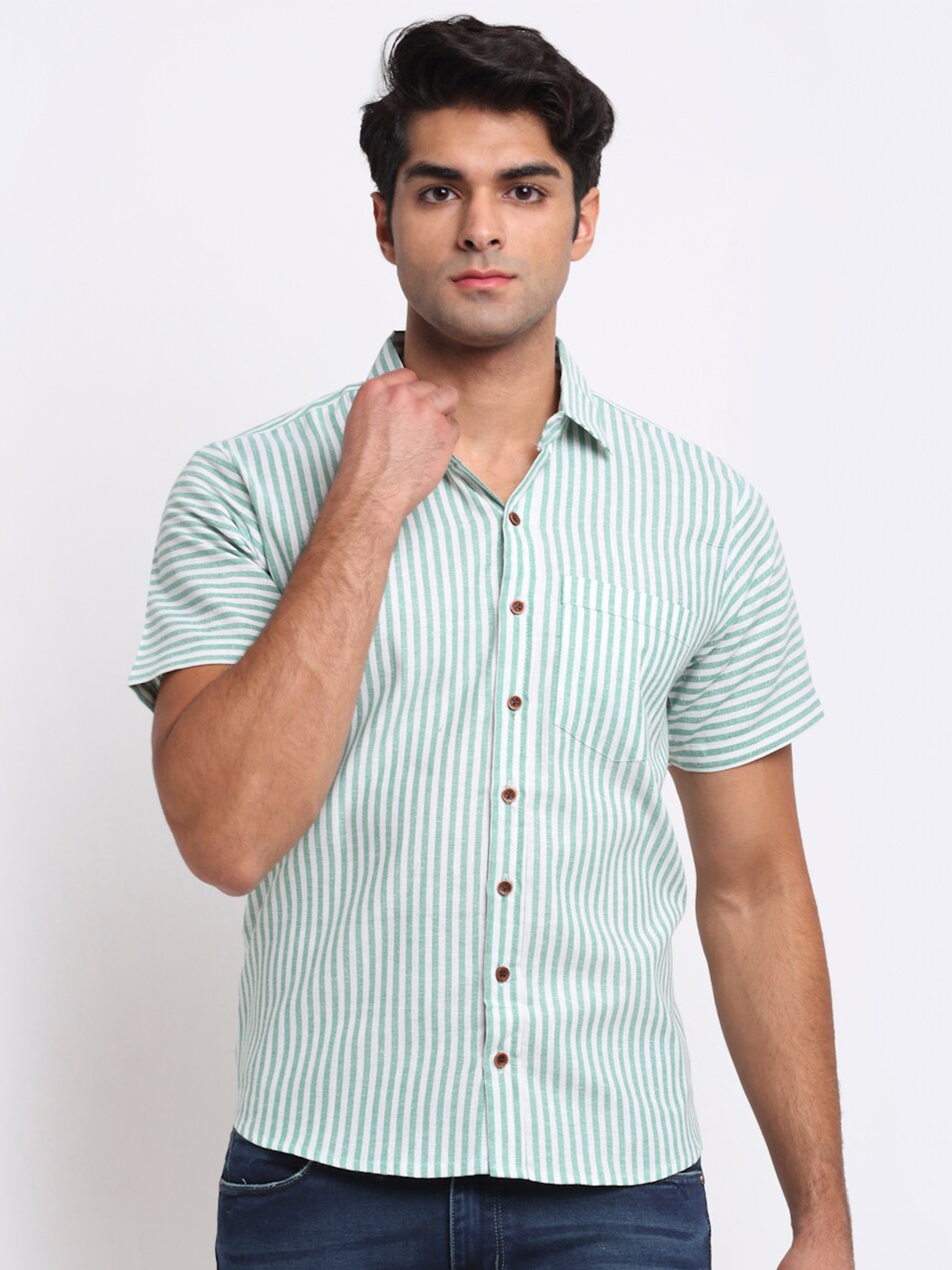 

Enchanted Drapes Vertical Stripes Striped Pure Cotton Casual Shirt, Green