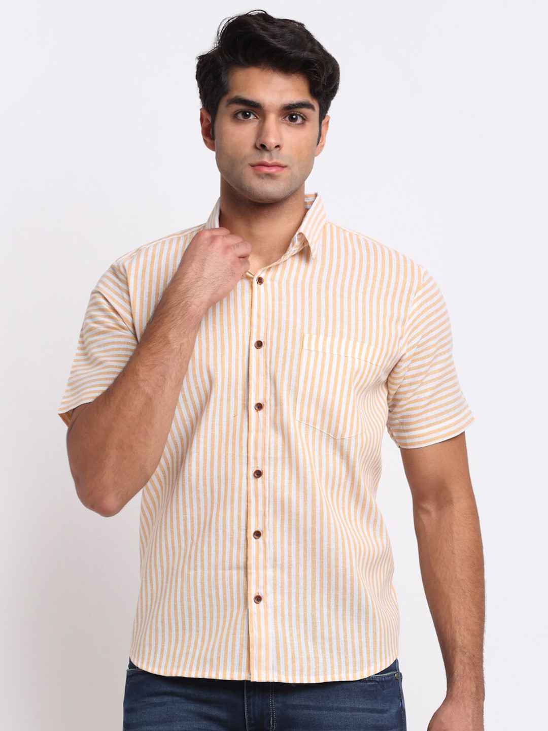 

Enchanted Drapes Vertical Stripes Striped Pure Cotton Casual Shirt, Orange