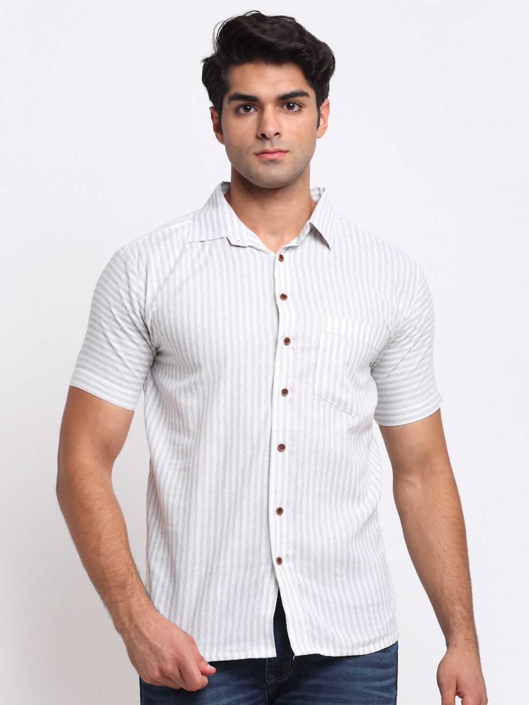 

Enchanted Drapes Vertical Stripes Striped Pure Cotton Casual Shirt, Grey