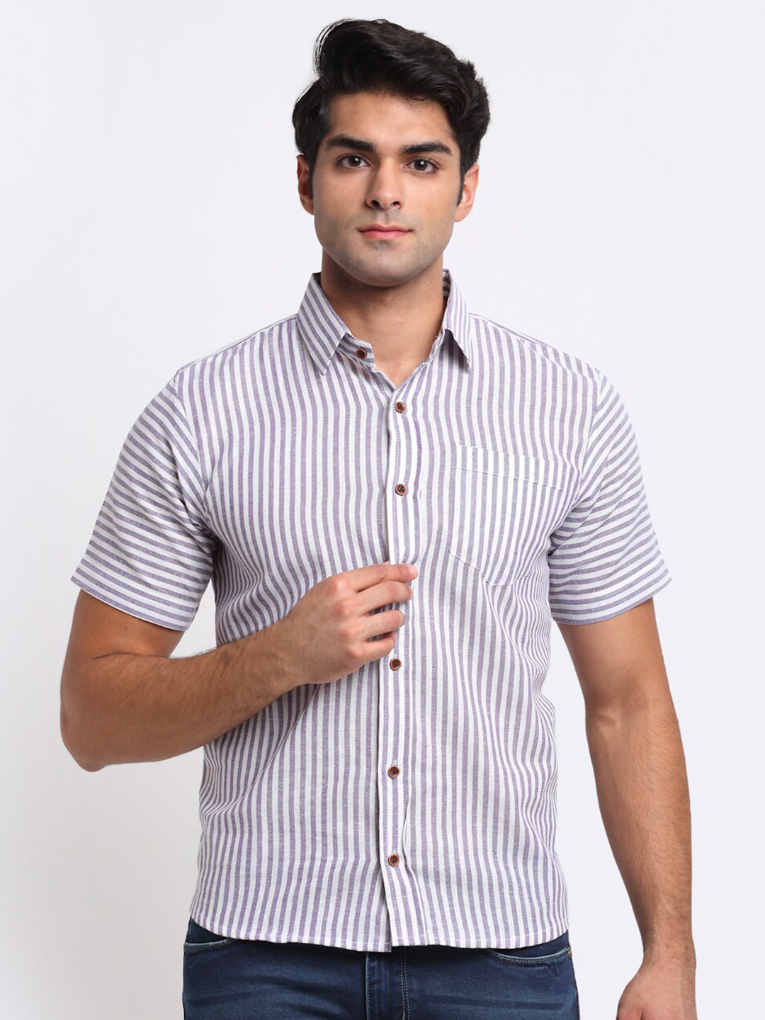 

Enchanted Drapes Vertical Stripes Striped Pure Cotton Casual Shirt, Purple