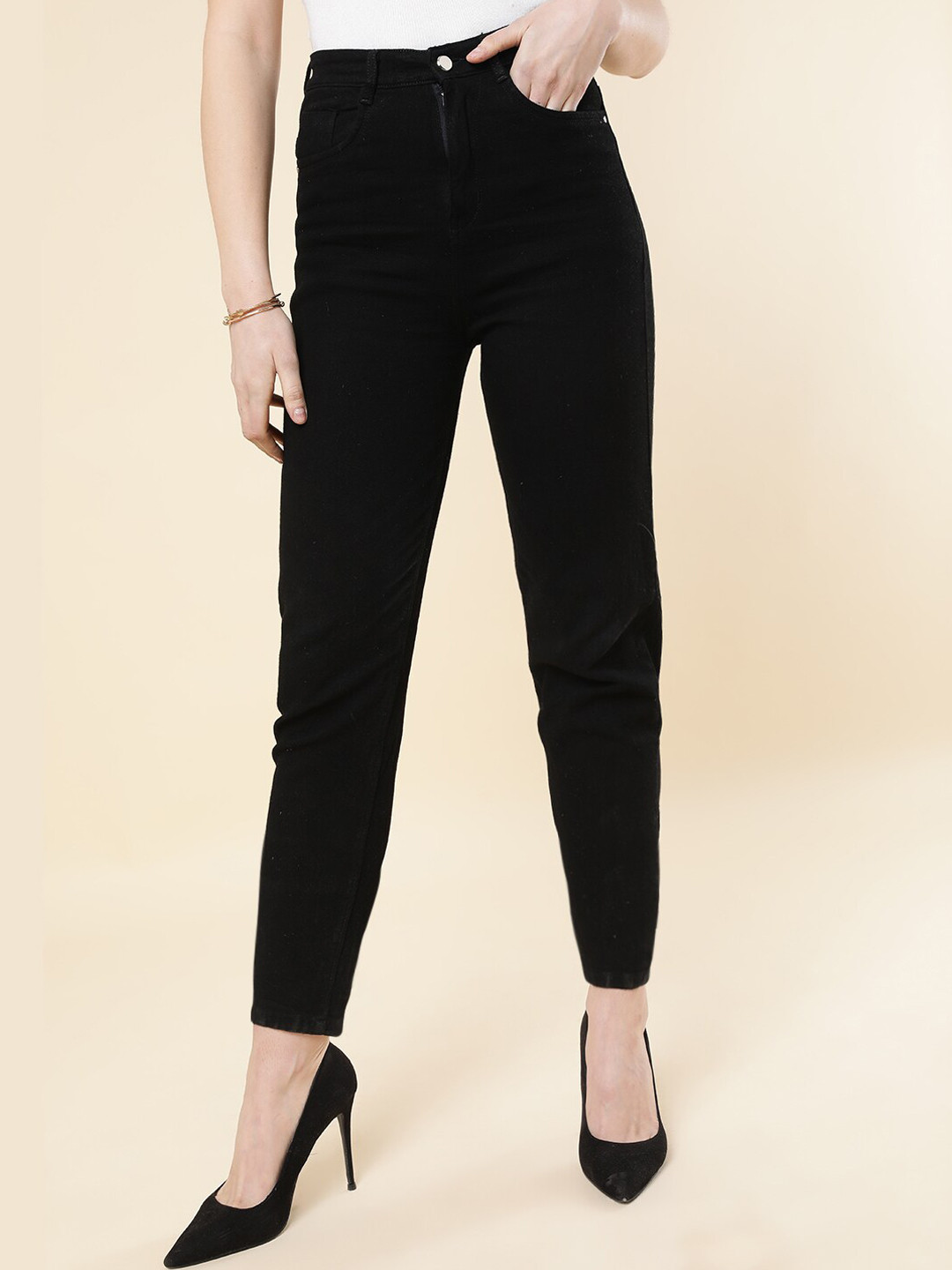 

Purple Feather Women High-Rise Stretchable Pure Cotton Jeans, Black
