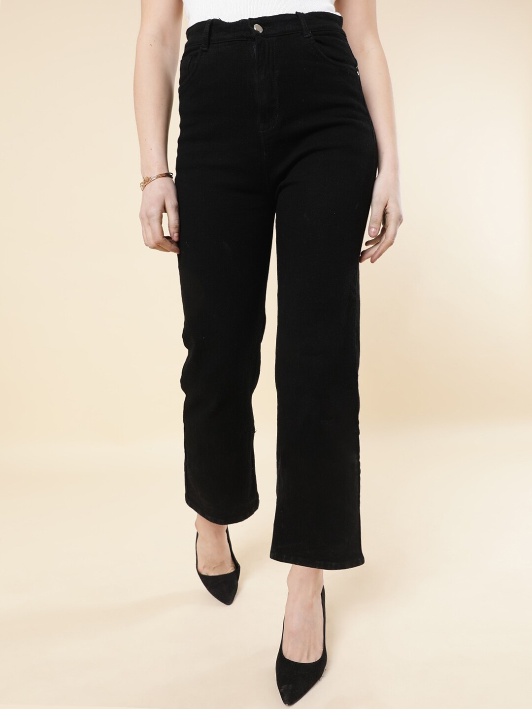 

Purple Feather Women Wide Leg High-Rise Stretchable Cropped Pure Cotton Jeans, Black