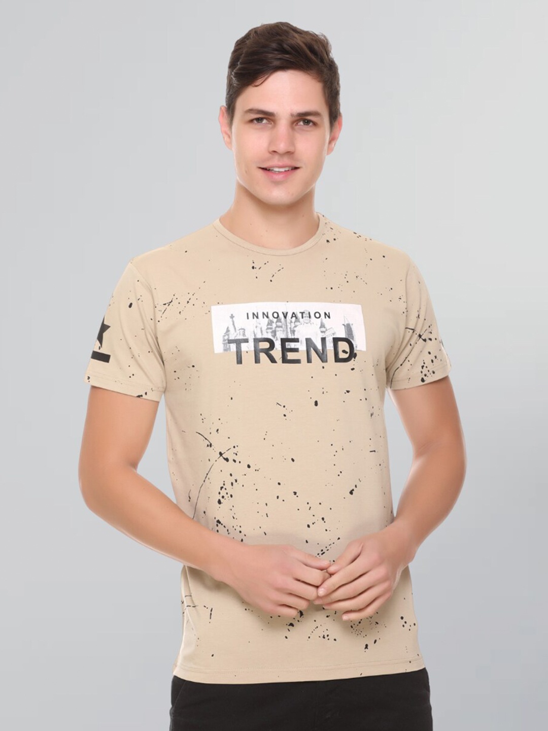 

GODFREY Round Neck Typography Printed Cotton T-shirt, Beige