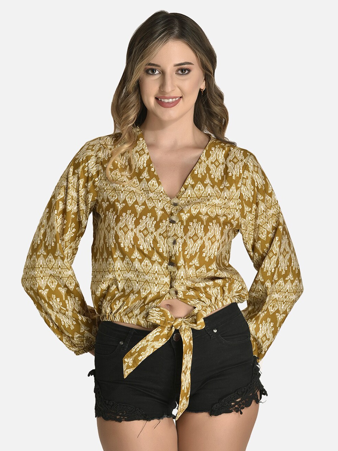 

FIMS Ethnic Motifs Printed Waist Tie-Up Crepe Top, Mustard