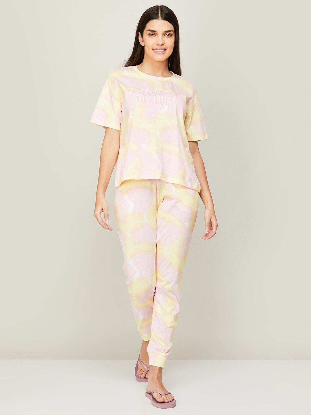 Ginger by Lifestyle Women Tie & Dye Printed Pure Cotton Night Suit, Pink