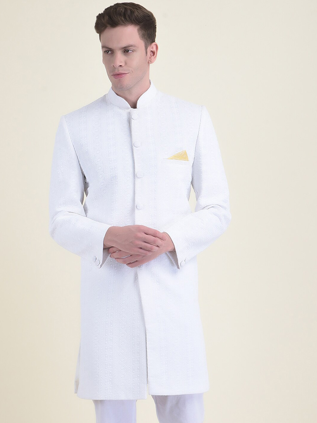 

DEYANN Men Chikankari Embroidered Cotton Sherwani Set, White