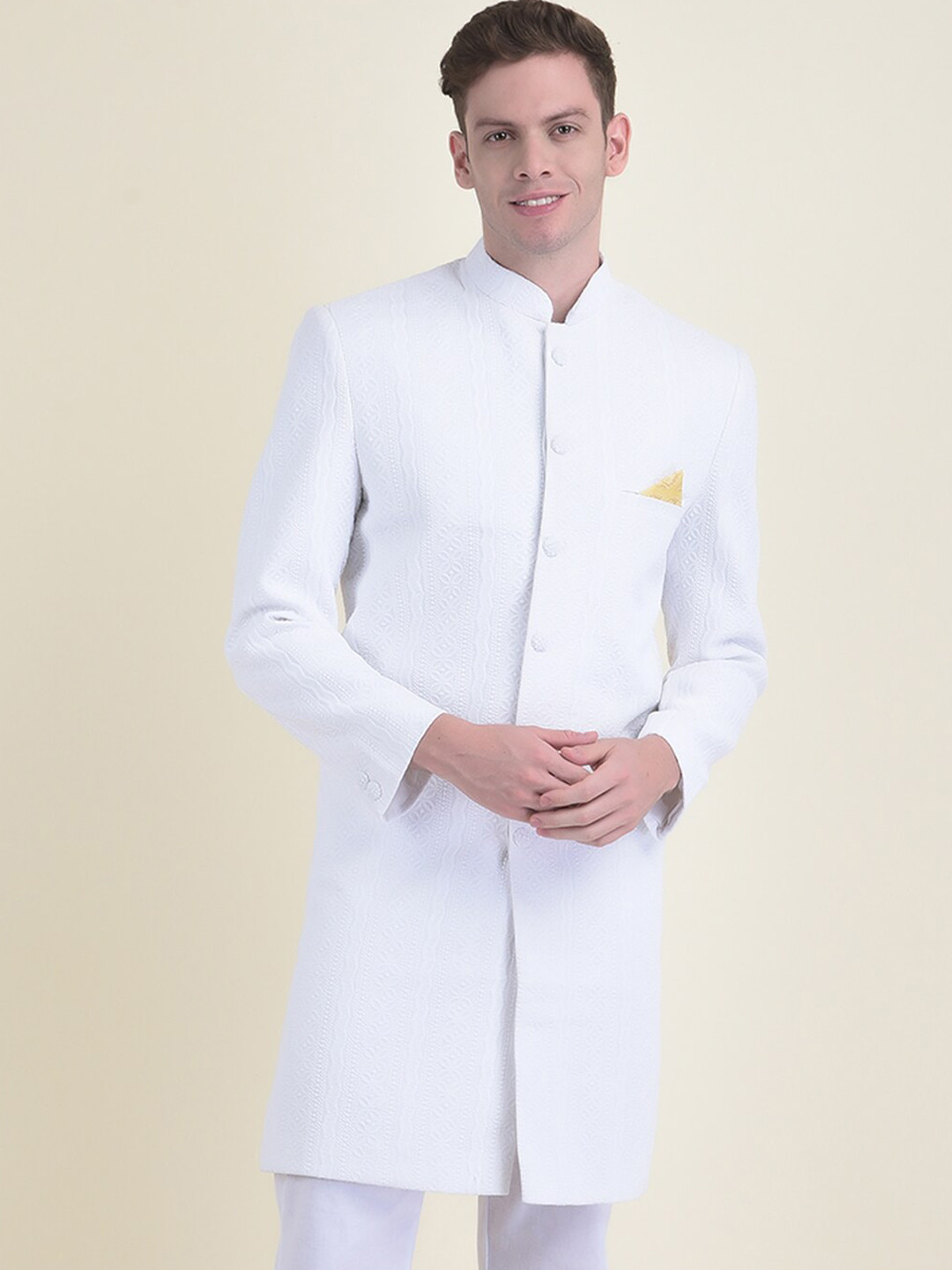 

DEYANN Men Chikankari Embroidered Cotton Sherwani Set, White