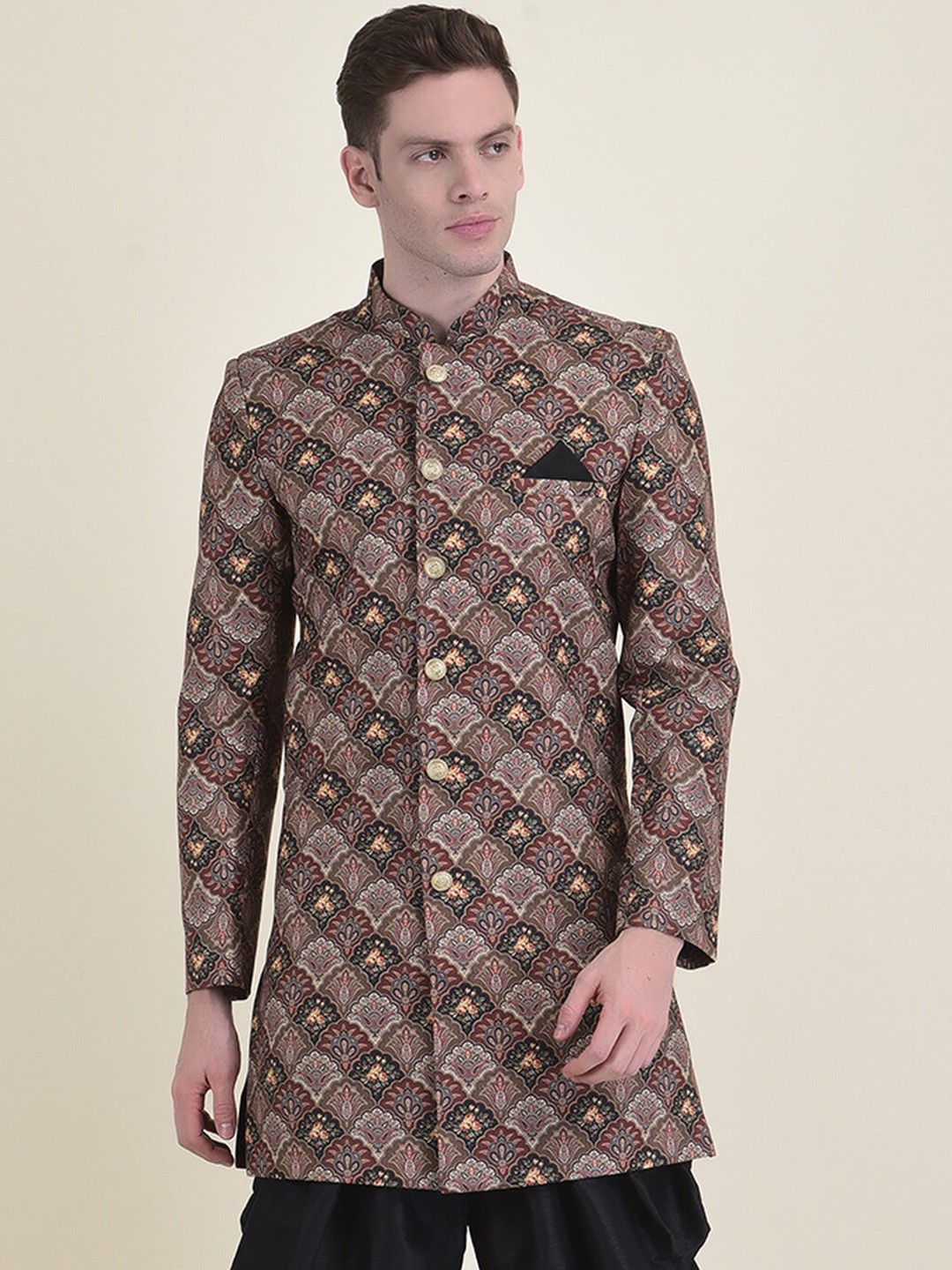 

DEYANN Men Printed Sherwani With Patiala, Brown