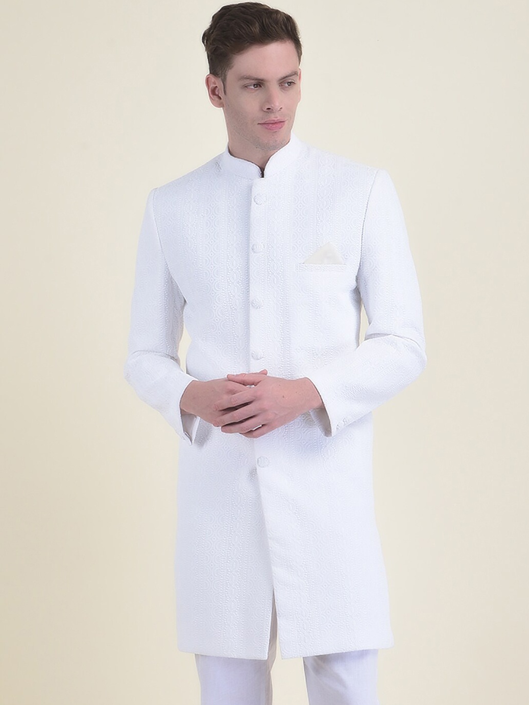 

DEYANN Chikankari Embroidered Cotton Sherwani Set, White