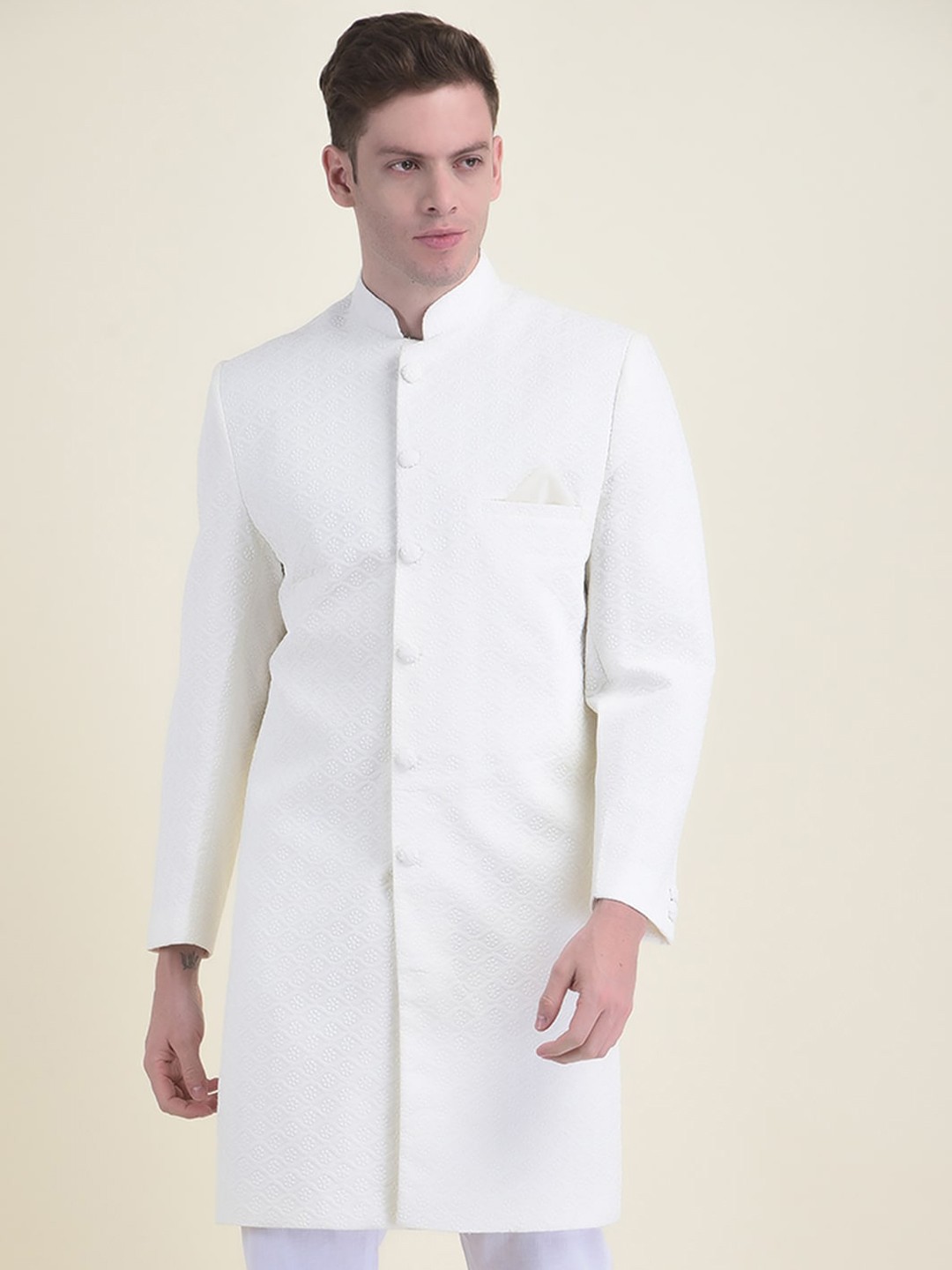 

DEYANN Men Chikankari Embroidered Cotton Sherwani With Trouser Set, White