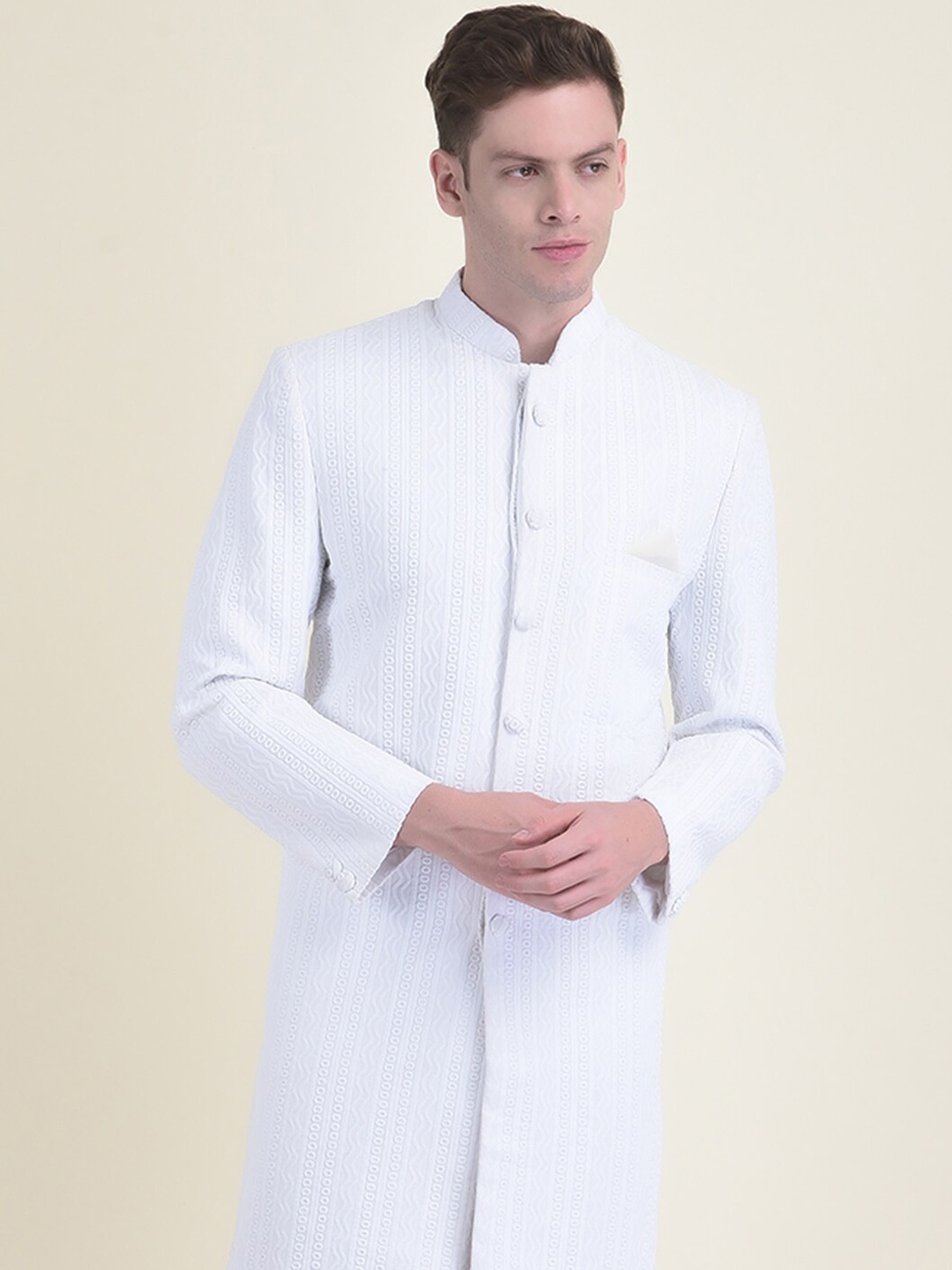 

DEYANN Men Embroidered Cotton Sherwani, White