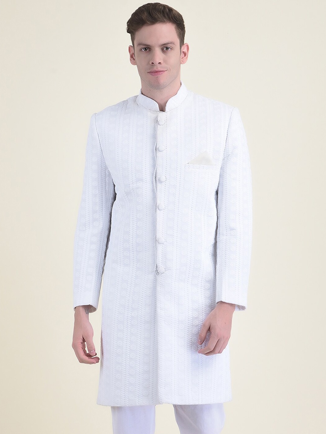

DEYANN Men Chikankari Embroidered Cotton Sherwani Set, White