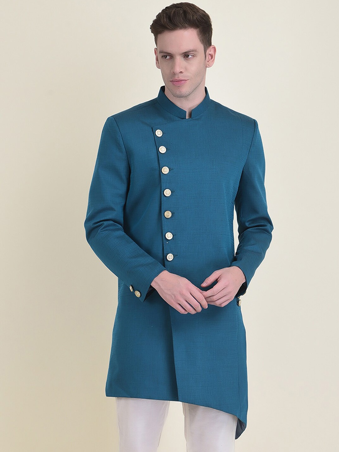 

DEYANN Men Asymmetrical Cotton Sherwani With Trouser, Blue