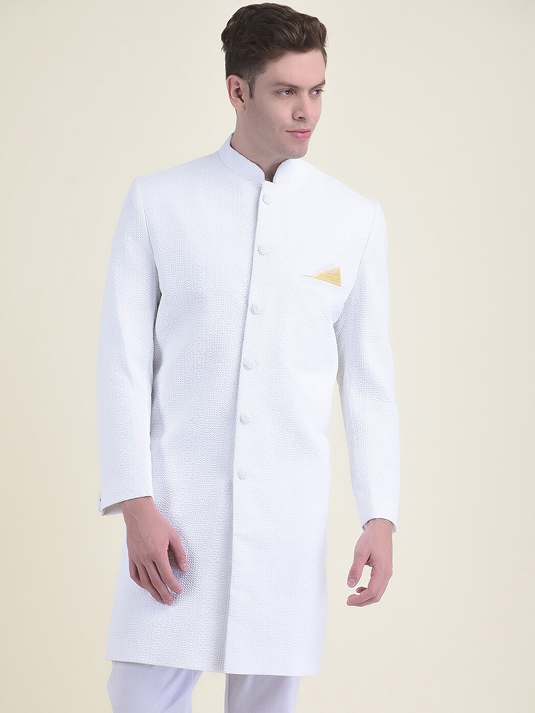 

DEYANN Men Chikankari Embroidered Cotton Sherwani Set, White