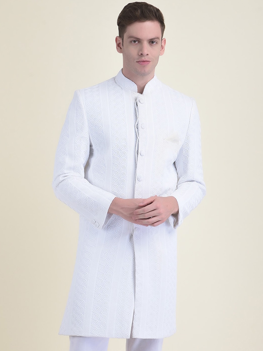 

DEYANN Men Embroidered Cotton Sherwani With Trouser Set, White
