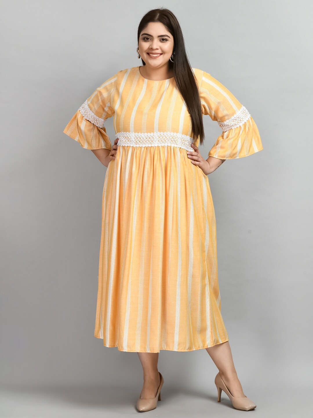 

PrettyPlus by Desinoor.com Plus Size Striped Flared Midi Dress, Orange