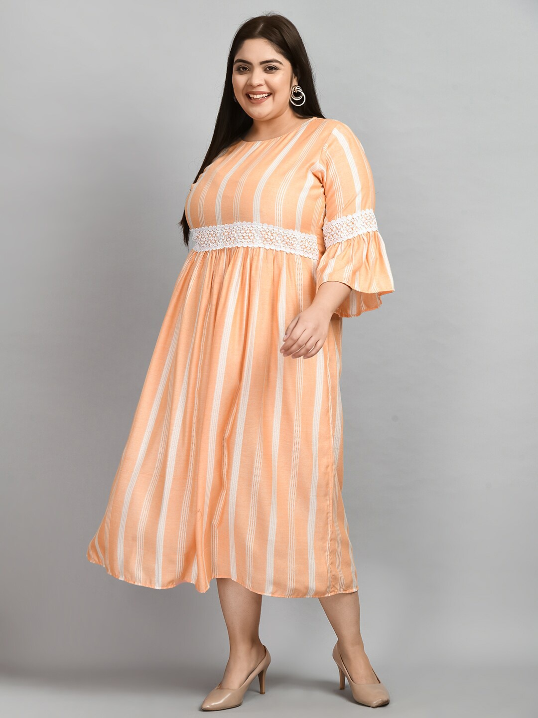 

PrettyPlus by Desinoor.com Plus Size Striped Bell Sleeves Empire Midi Dress, Peach