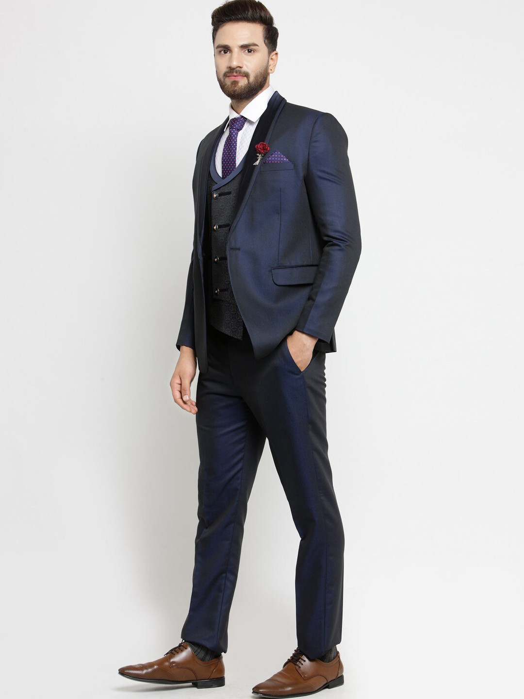 

LUXURAZI Men Shawl Collar Slim Fit Single-Breasted Three-Piece Suit, Blue