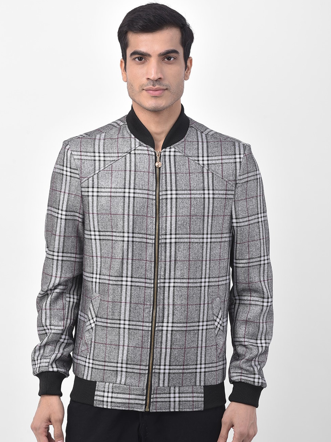 

LUXURAZI Men Checked Long Sleeves Bomber Jacket, Grey