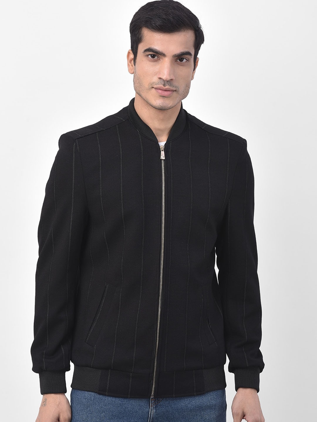 

LUXURAZI Men Striped Long Sleeves Bomber Jacket, Black