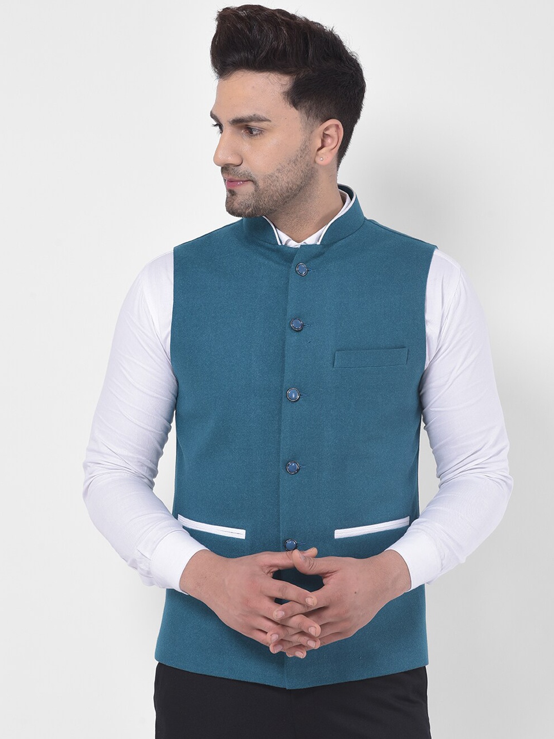 

LUXURAZI Men Woven Nehru Jacket, Teal