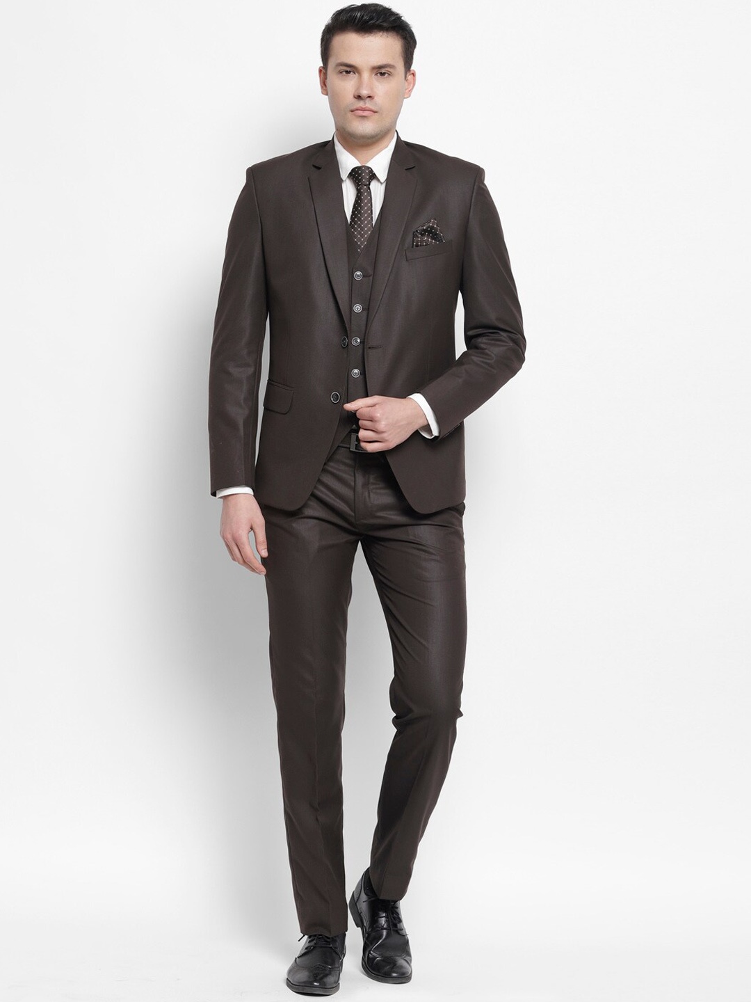 

LUXURAZI Men Slim-Fit Single-Breasted Three-Piece Formal Suit, Brown