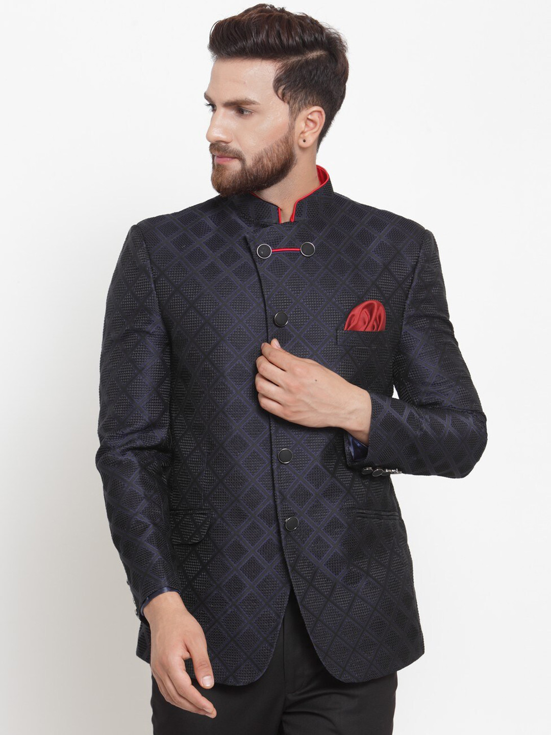 

LUXURAZI Men Checked Slim-Fit Single-Breasted Blazer, Navy blue