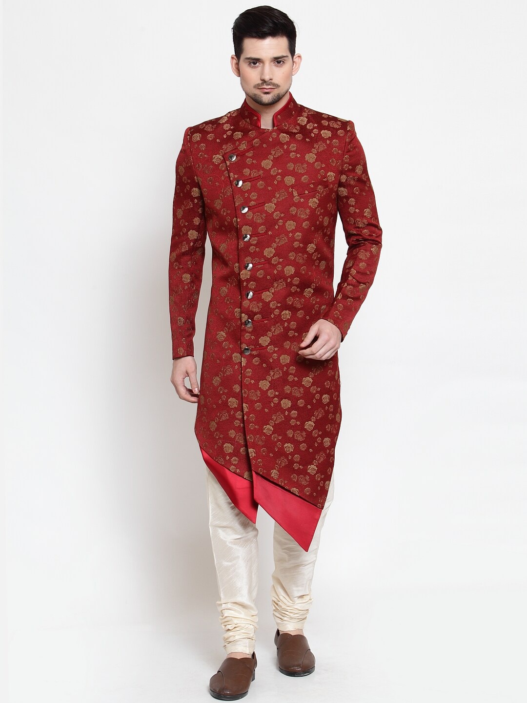 

LUXURAZI Men Printed Slim-Fit Sherwani & Churidar Set, Red