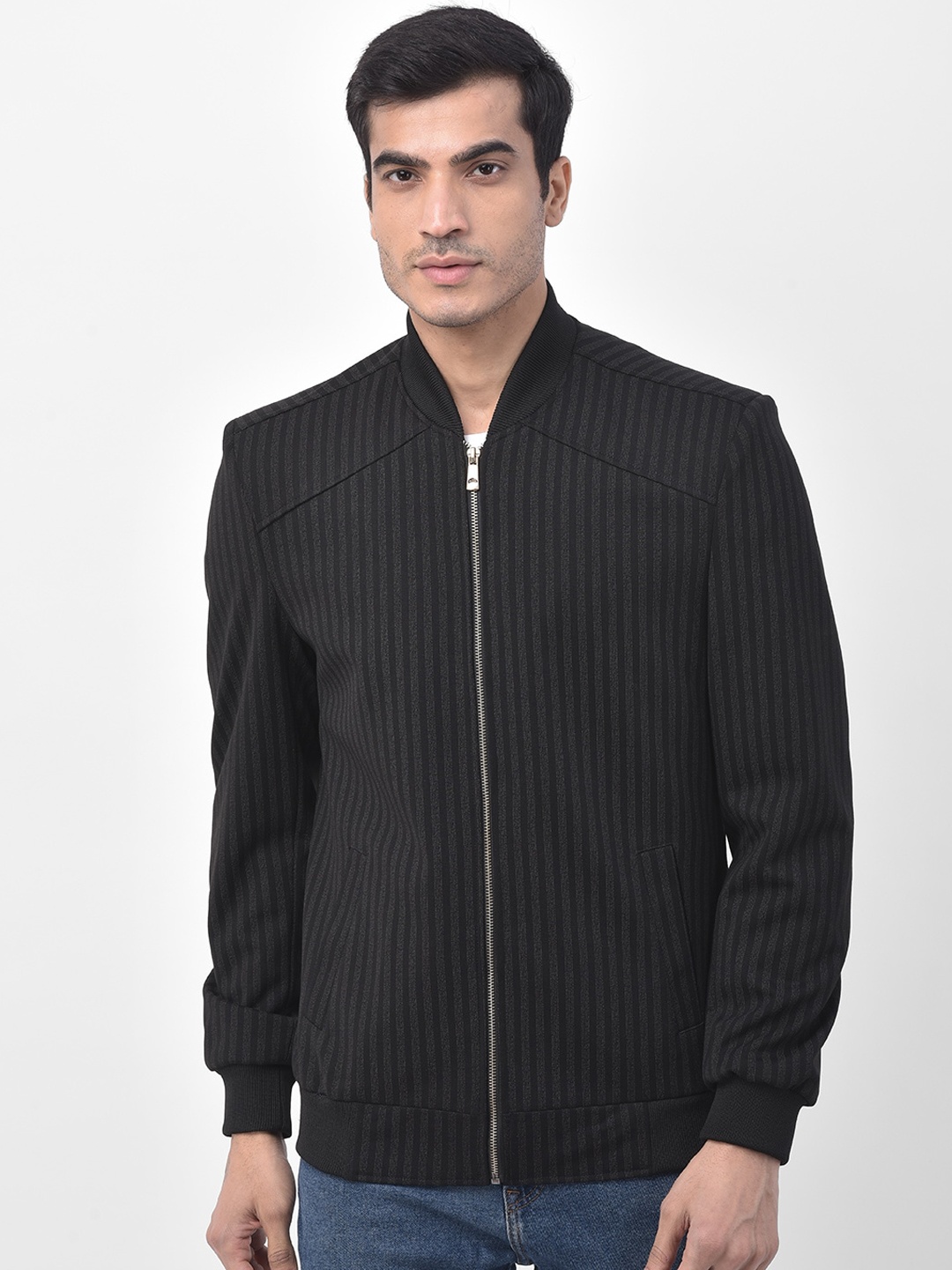 

LUXURAZI Men Striped Long Sleeves Bomber Jacket, Black