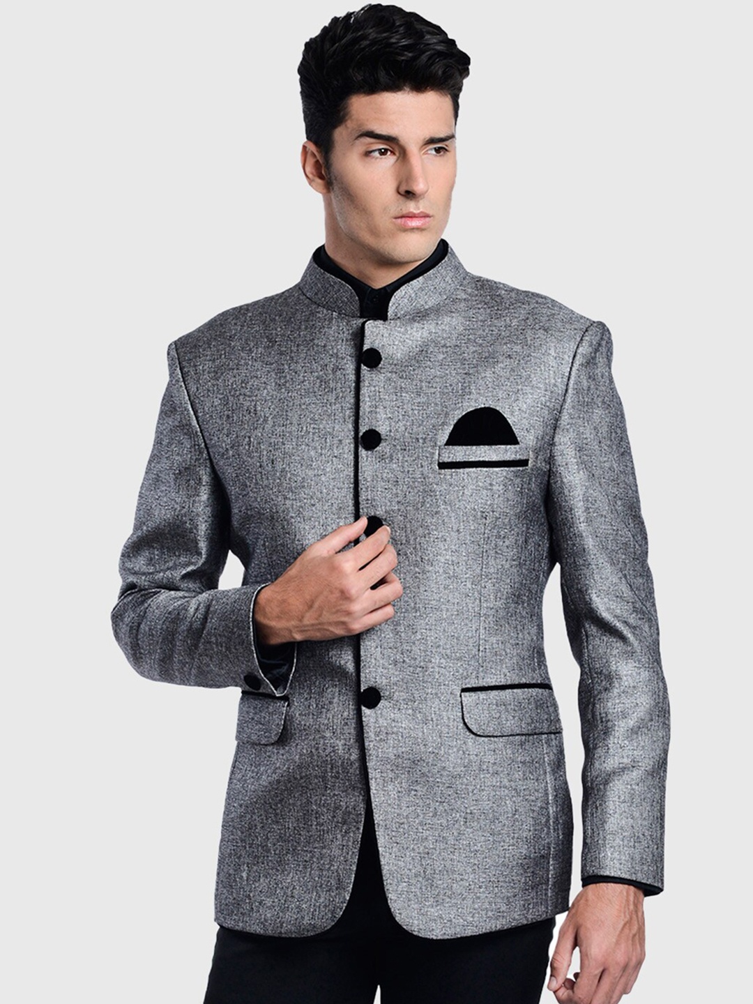 

LUXURAZI Men Self Design Slim-Fit Bandhgala Blazer, Grey