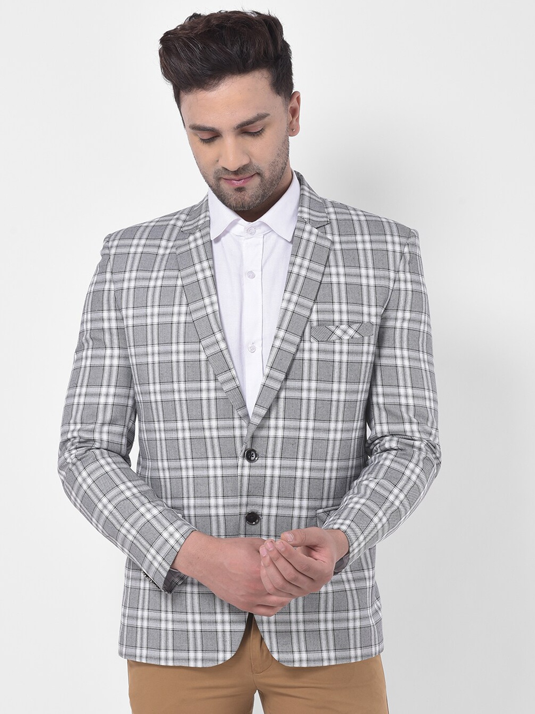 

LUXURAZI Men Checked Slim-Fit Single-Breasted Formal Blazer, Grey