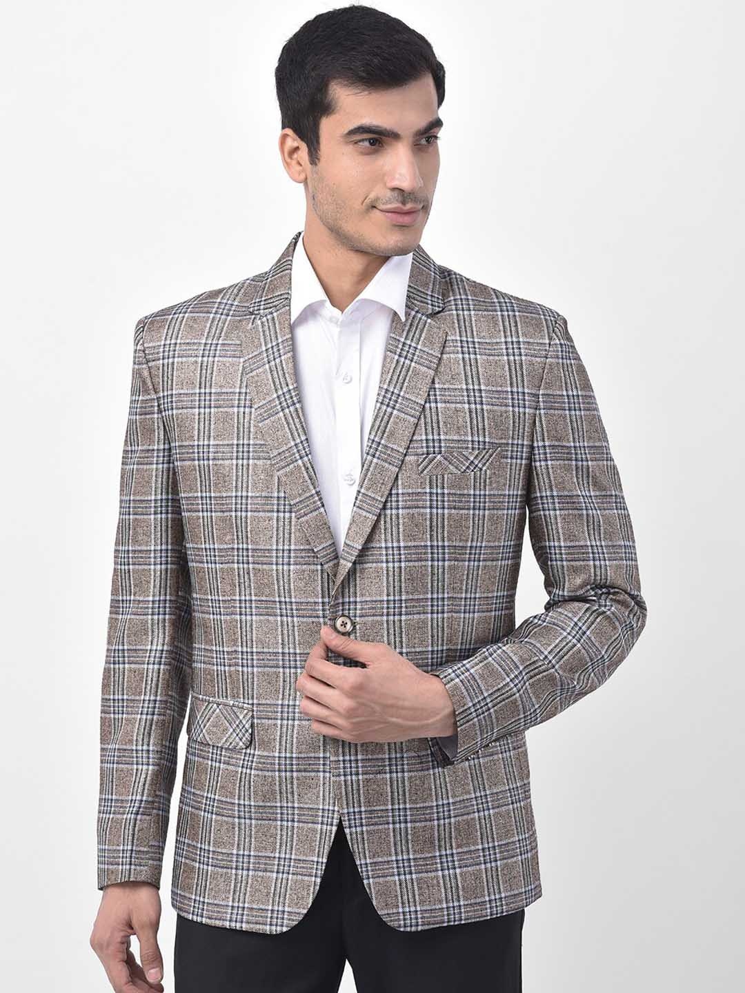 LUXURAZI Men Checked Single-Breasted Blazer, Brown