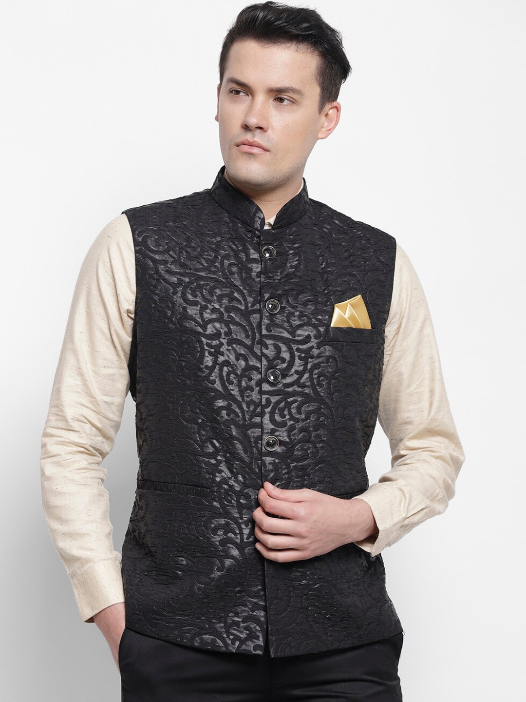 

LUXURAZI Men Woven Design Waistcoat, Black