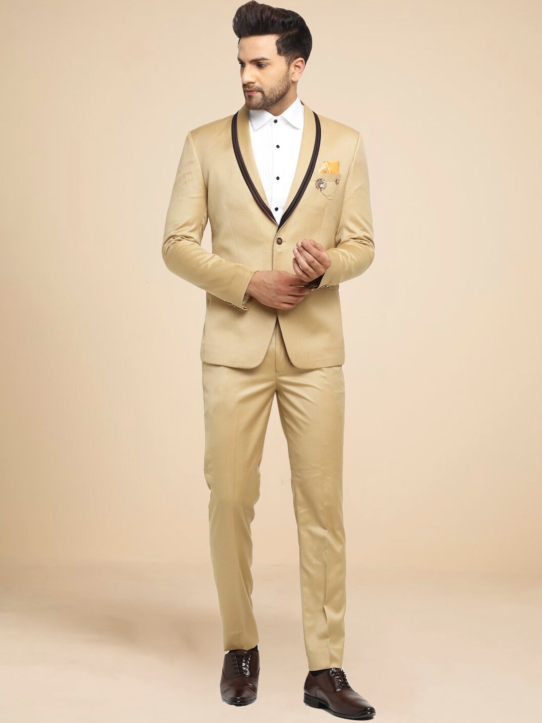 LUXURAZI Men Single-Breasted Slim-Fit 2-Piece Formal Suit, Beige