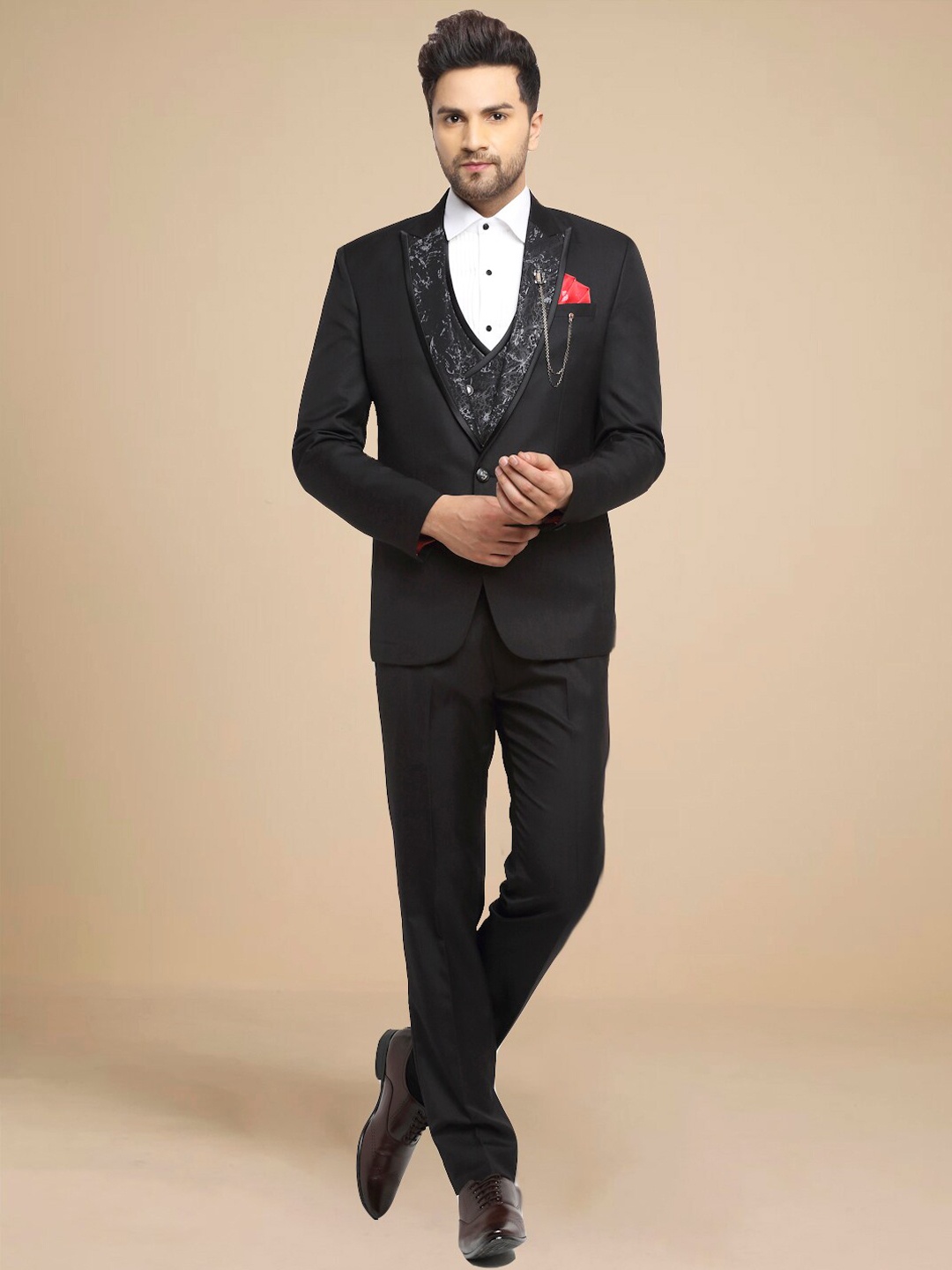 

LUXURAZI Men Printed Slim-Fit Single Breasted Three Piece Suit, Black