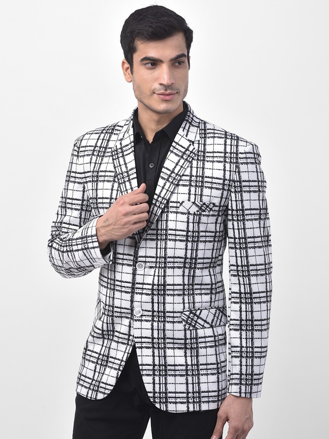 

LUXURAZI Men Checked Single-Breasted Tailored-Fit Formal Blazer, White