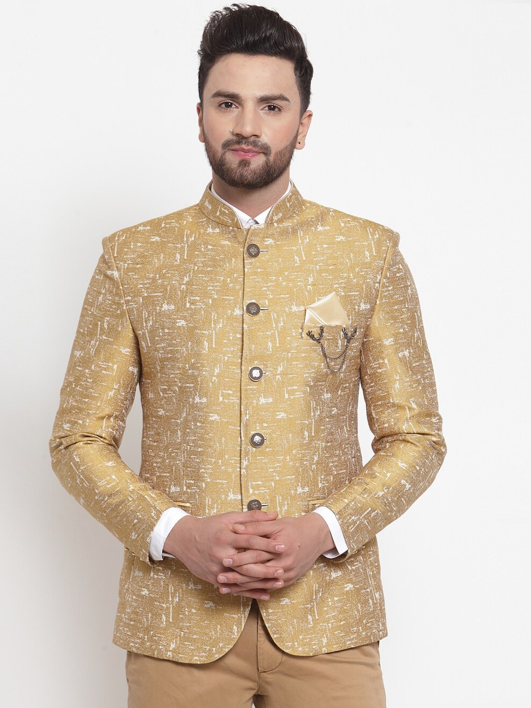 

LUXURAZI Men Self-Design Slim-Fit Bandhgala Blazer, Beige