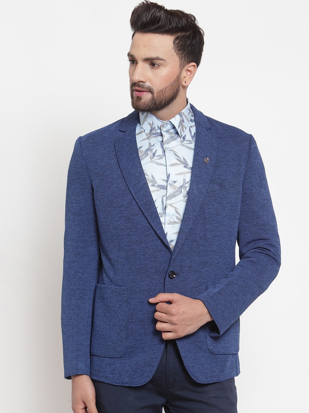 

LUXURAZI Men Self-Design Slim-Fit Single-Breasted Casual Blazer, Blue