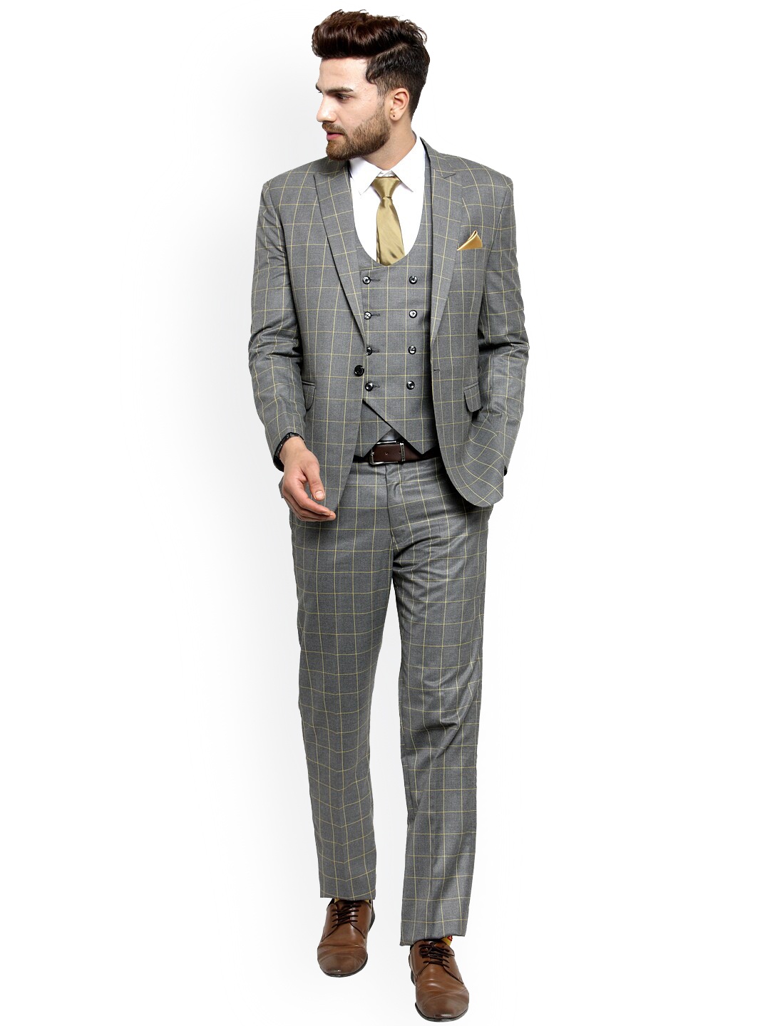 

LUXURAZI Men Checked Single-Breasted Slim-Fit 3-Piece Formal Suit, Grey