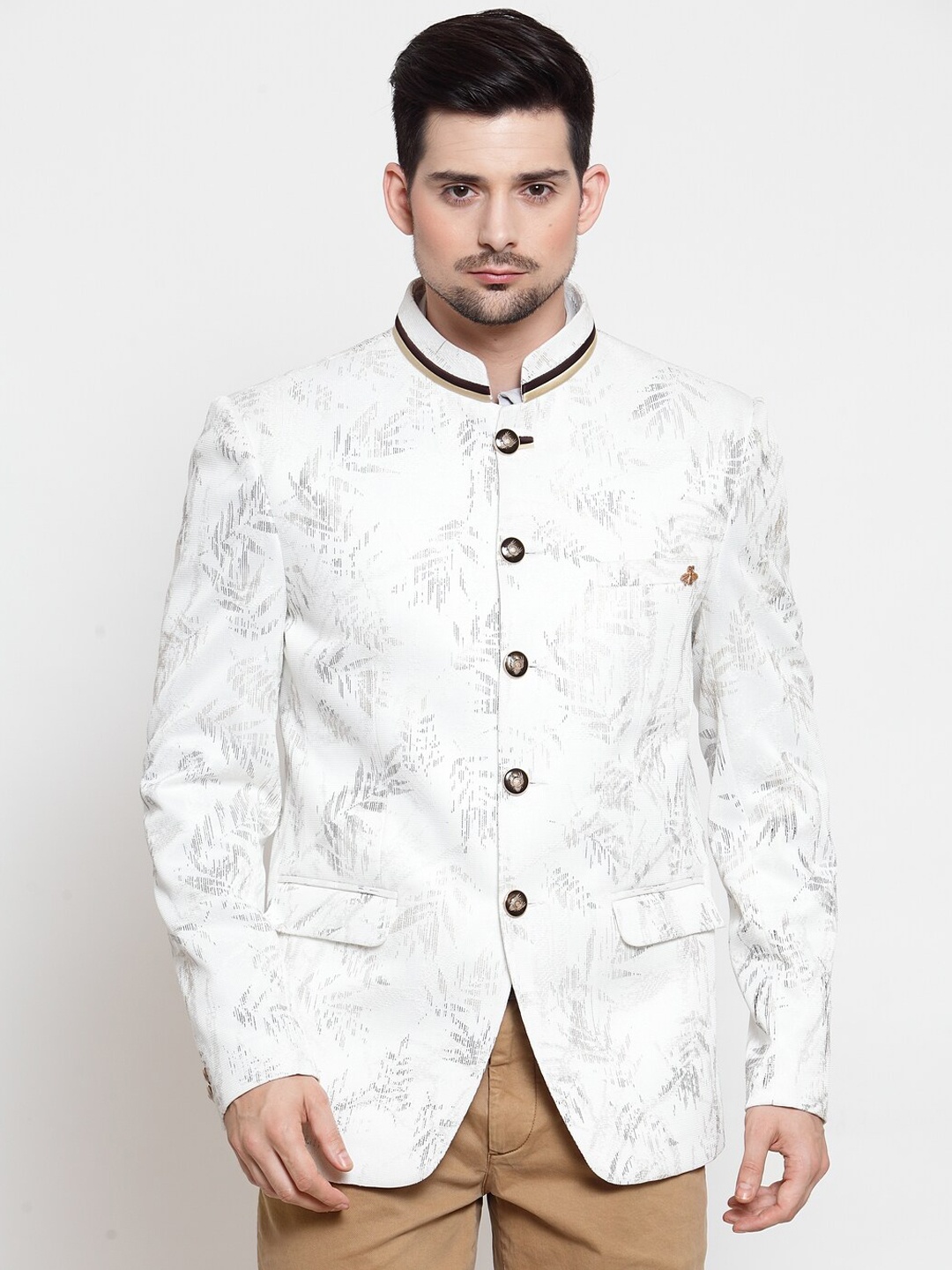 

LUXURAZI Men Printed Slim-Fit Bandhgala Blazer, White