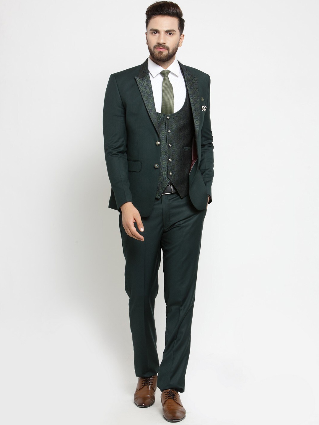 

LUXURAZI Men Single-Breasted Slim-Fit 3-Piece Formal Suit, Green