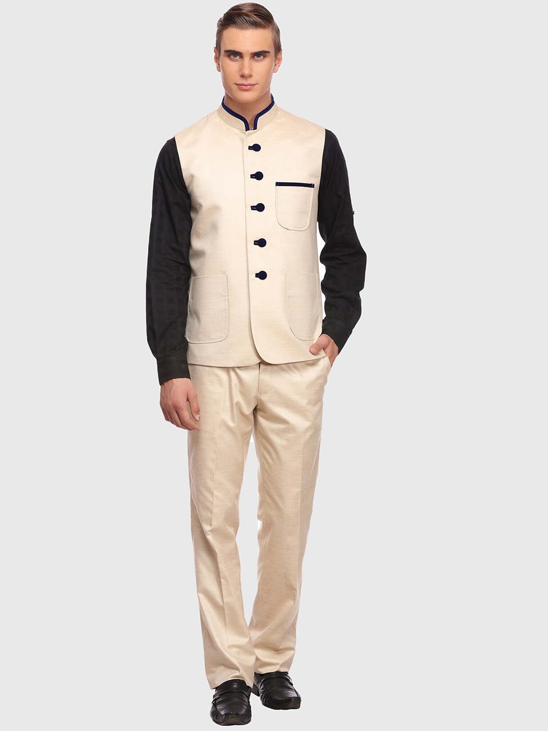 

LUXURAZI Men Slim Fit Waistcoat & Trouser, Beige