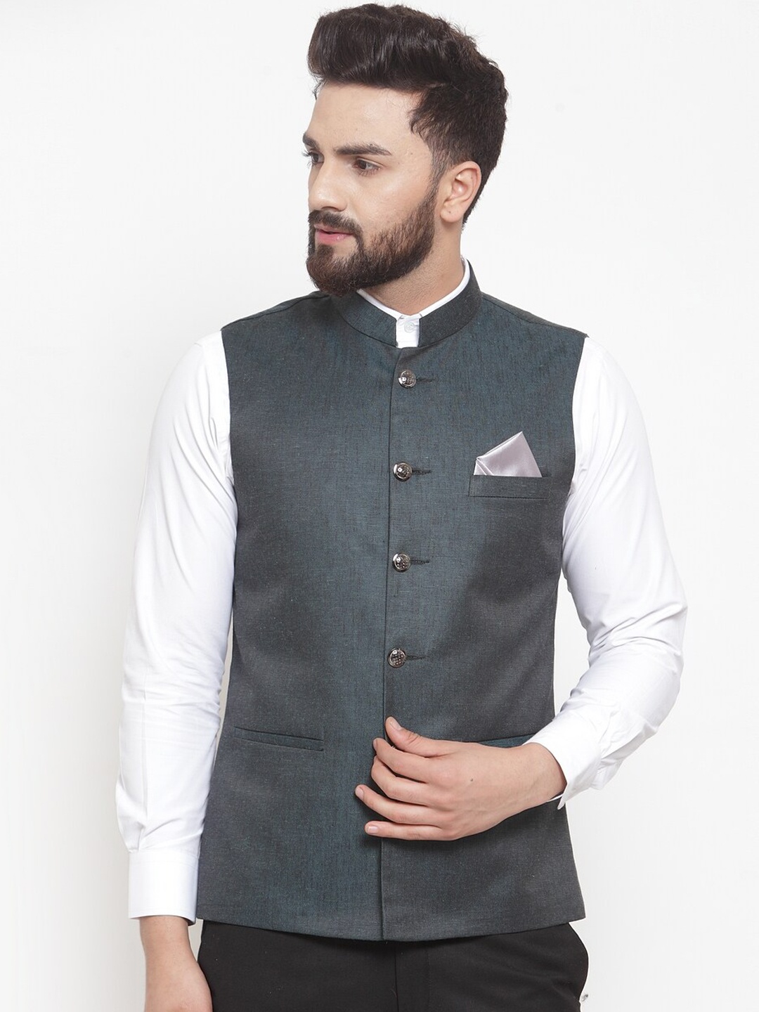 

LUXURAZI Men Slim Fit Woven Nehru Jacket, Green