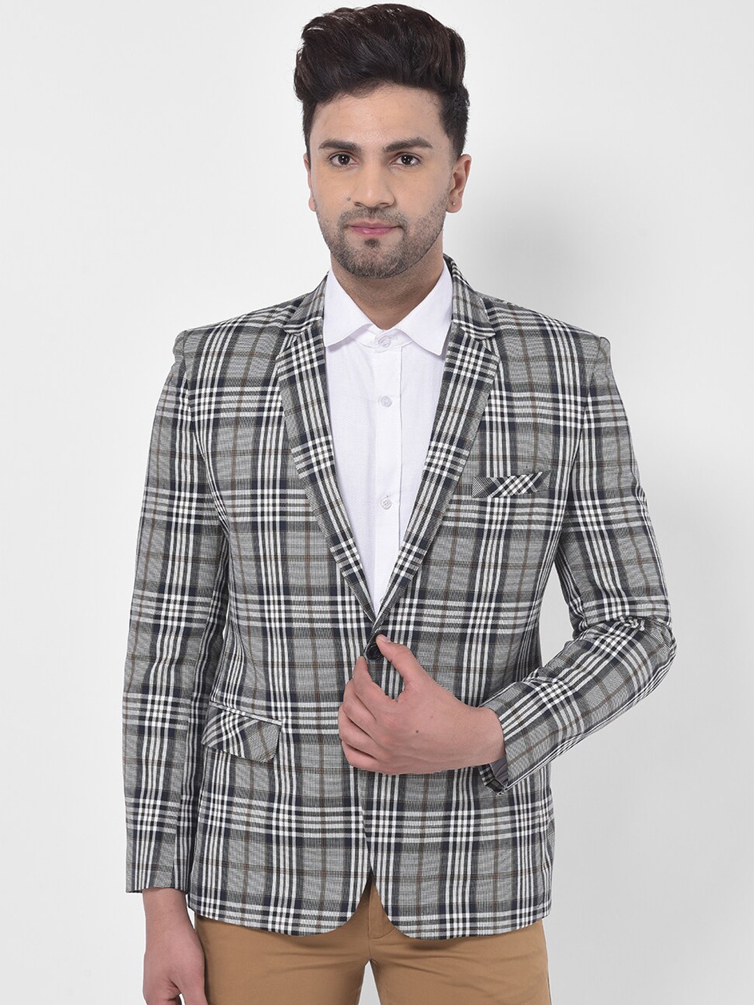 LUXURAZI Men Checked Slim-Fit Single Breasted Blazer, Grey