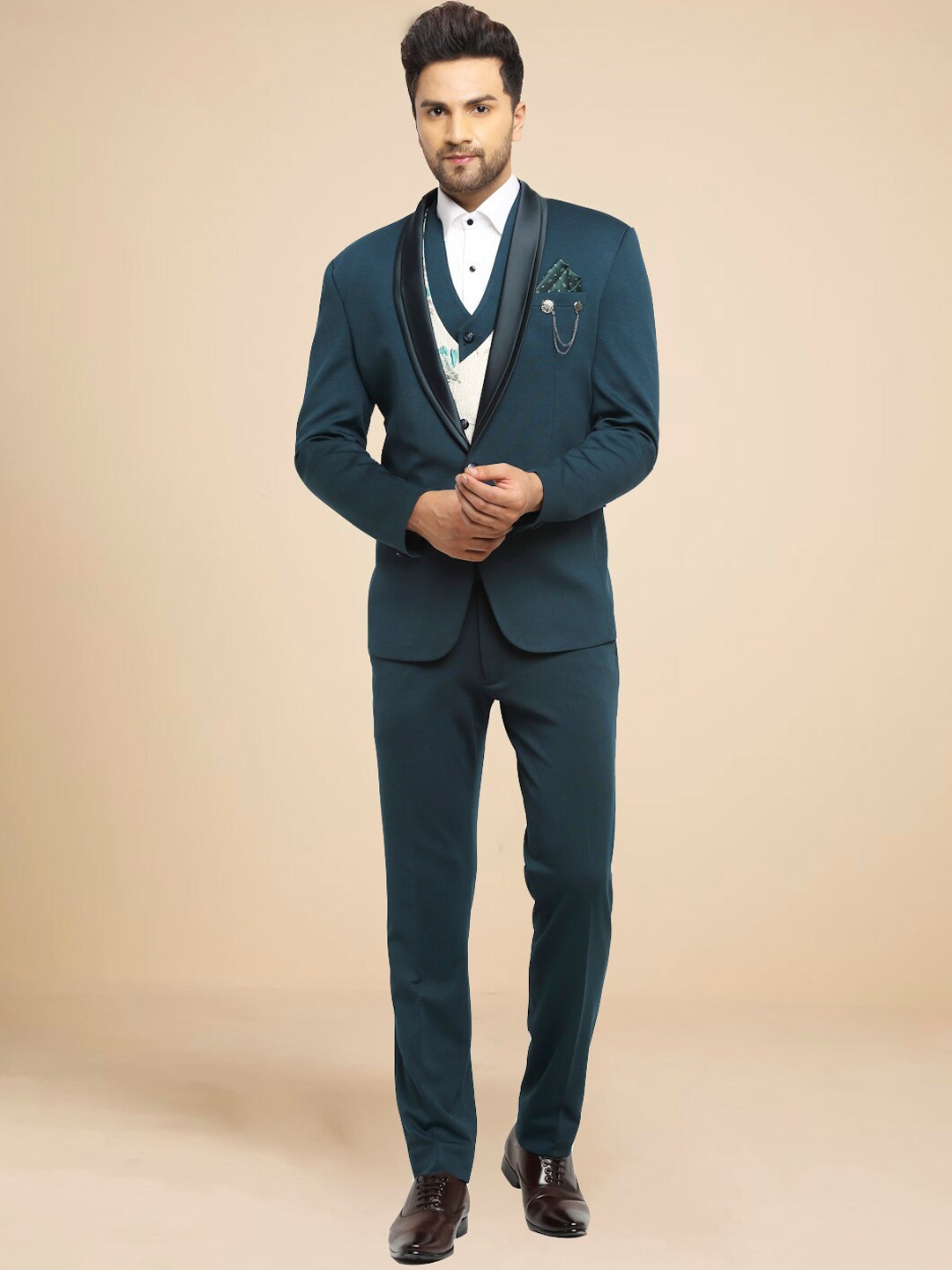 

LUXURAZI Men Slim-Fit Single-Breasted Three-Piece Suit, Green