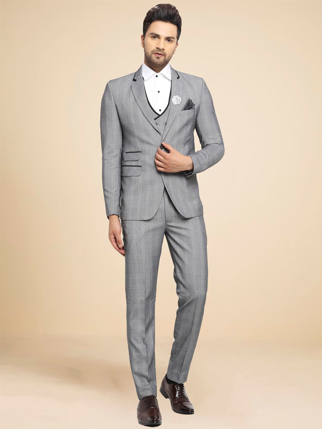 

LUXURAZI Men Striped Slim-Fit Single-Breasted Three Piece Suit, Grey
