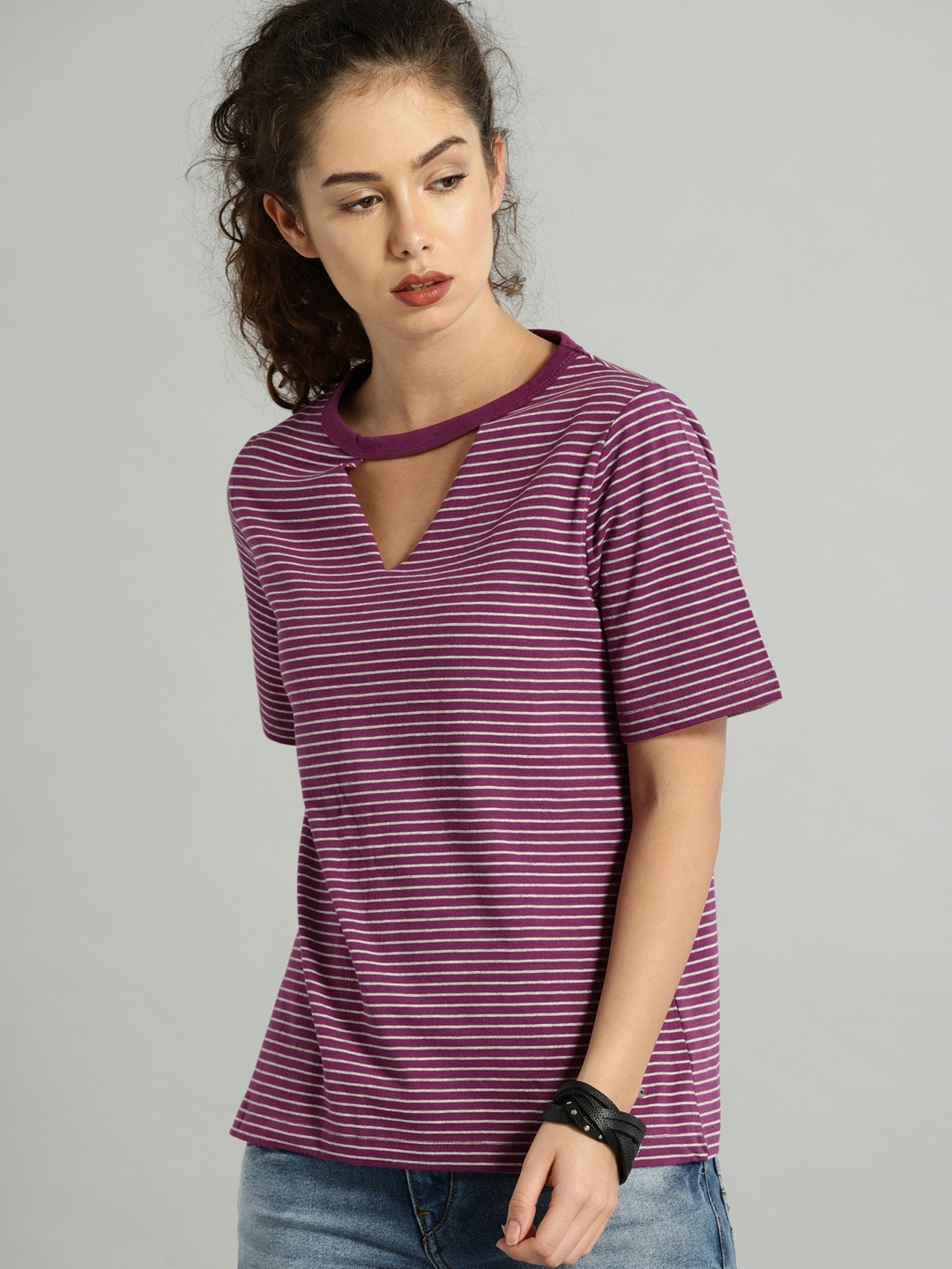 

Roadster Women Purple & Off-White Striped Round Neck T-shirt