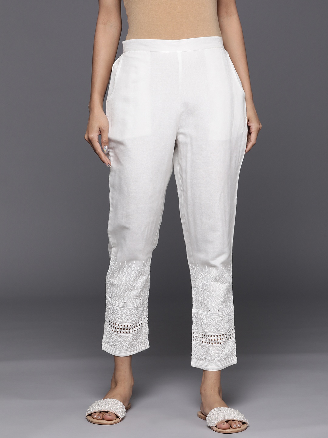 

Libas Women Ethnic Motifs Embroidered Slim Fit Trousers, White
